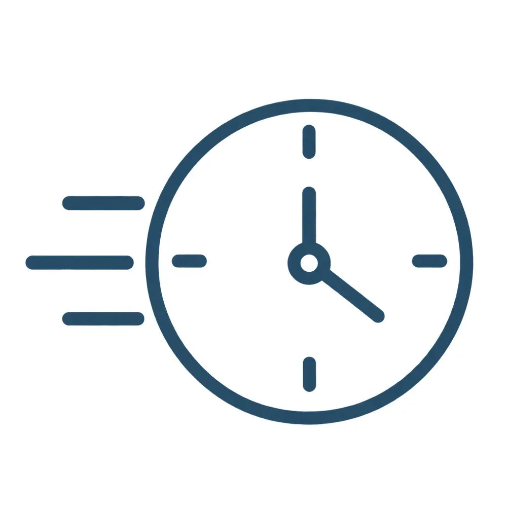 Clock with speed lines representing production in 1–2 business days
