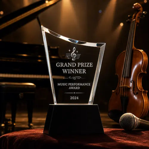 Music crystal trophy with grand prize engraving displayed on a concert stage with piano and violin background