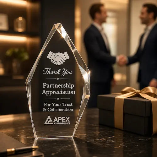 Partnership and collaboration crystal gift with engraved appreciation message in a luxury corporate meeting scene
