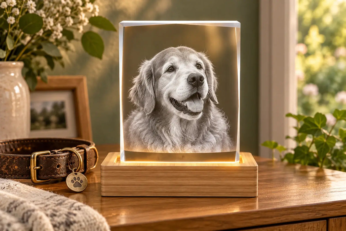 Personalised crystal photo gift for a pet memorial.