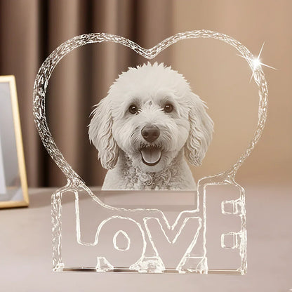 Pet memorial crystal heart with 3D laser engraved photo inside, custom remembrance crystal gift