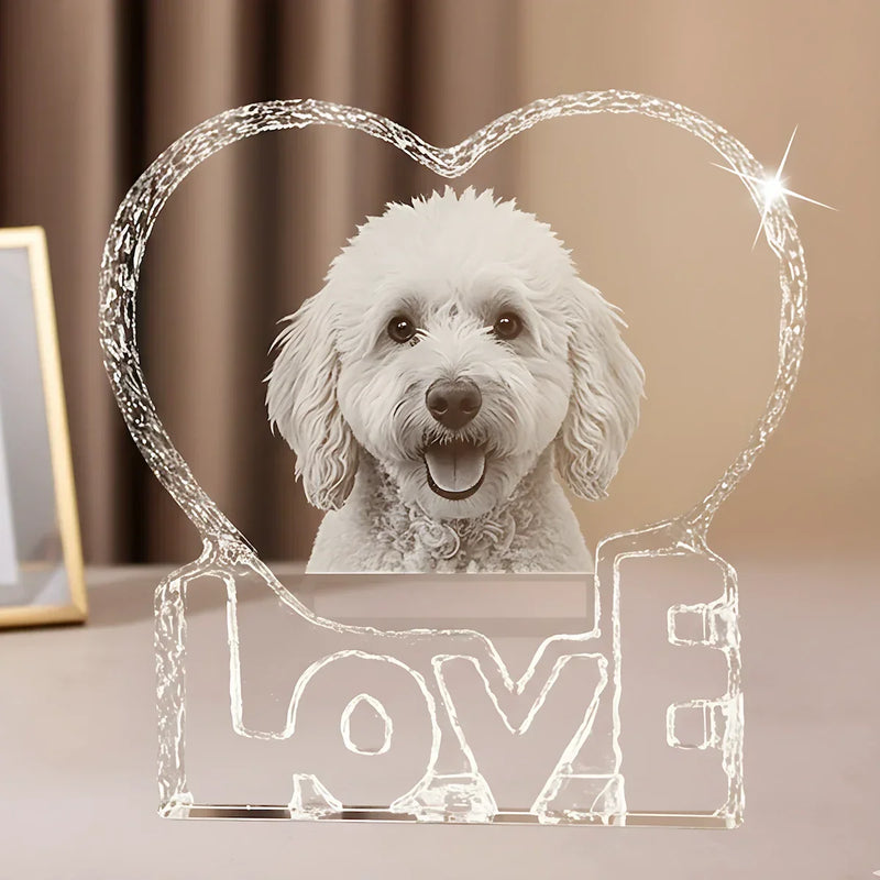 Pet memorial crystal heart with 3D laser engraved photo inside, custom remembrance crystal gift