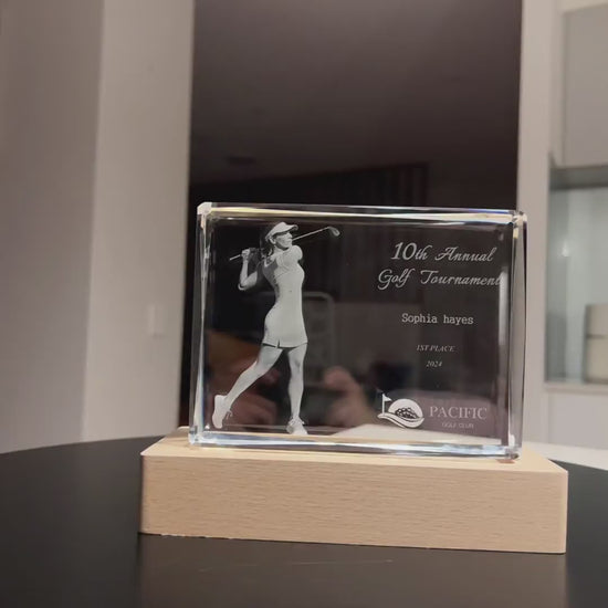 Crystal Awards Trophies - Laser Engraved 3D Image inside faceted crystal block at Crystify Australia
