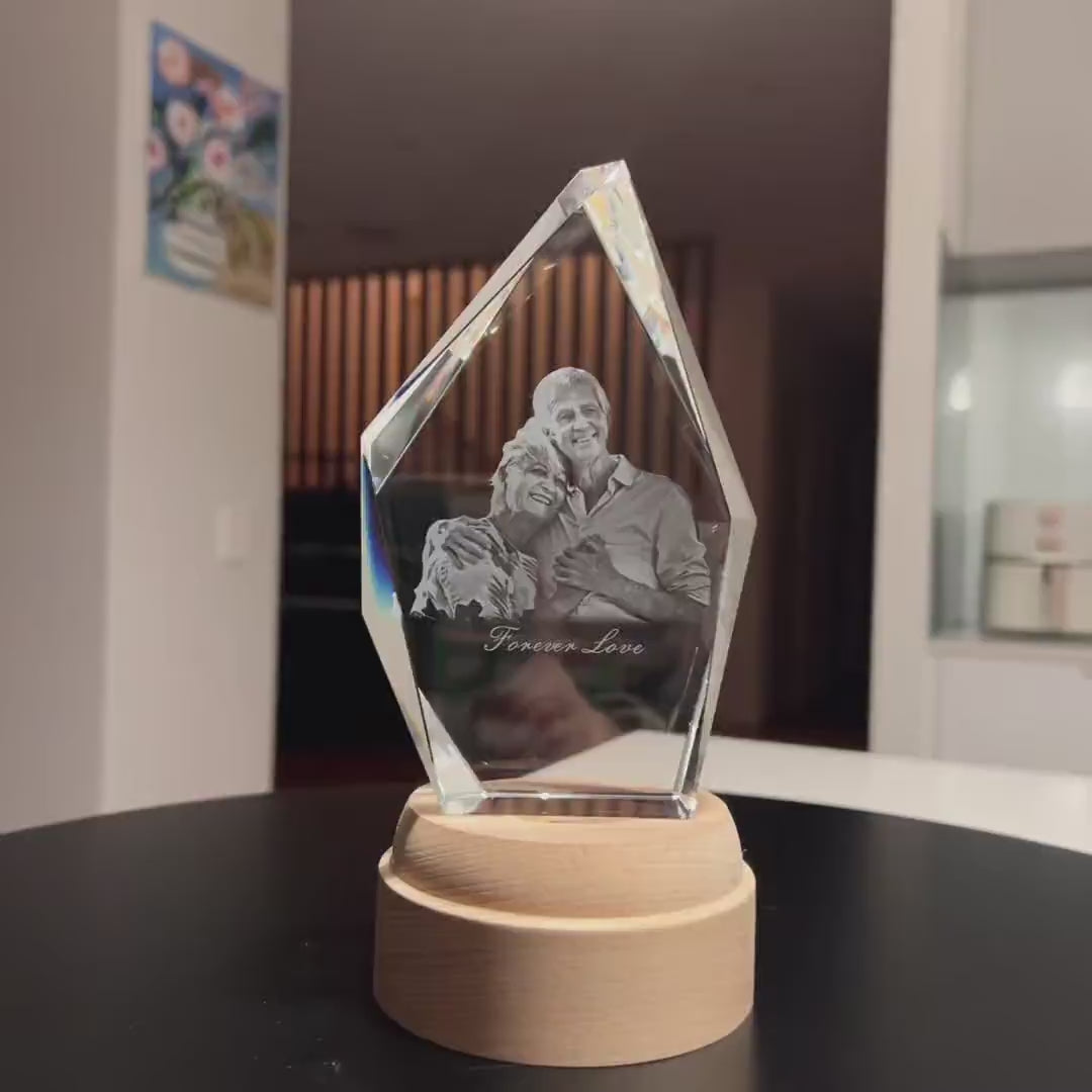 Crystal Iceberg Photo Gift with laser-engraved custom photo inside irregular crystal, shown from multiple angles to highlight its faceted design.