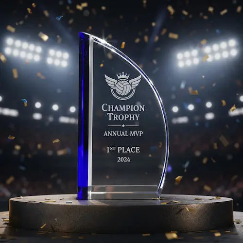 Sports competition crystal trophy on a winner podium with stadium lights and celebration confetti