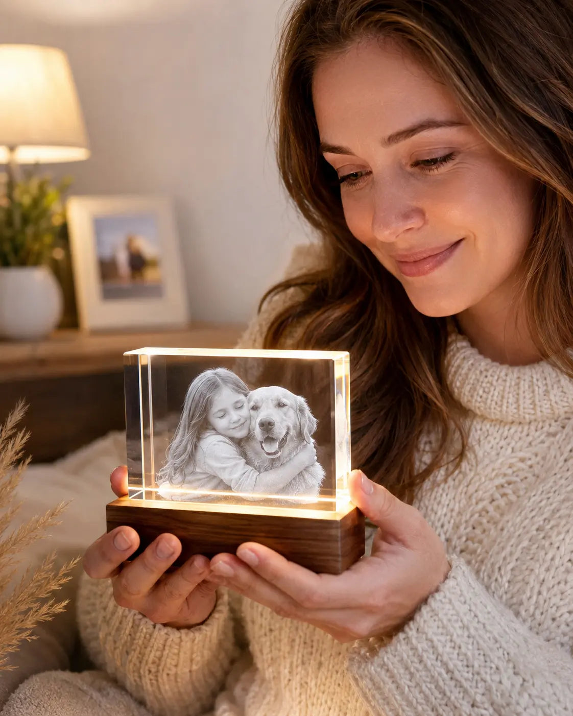 Woman holding a personalised 3D photo crystal keepsake at home